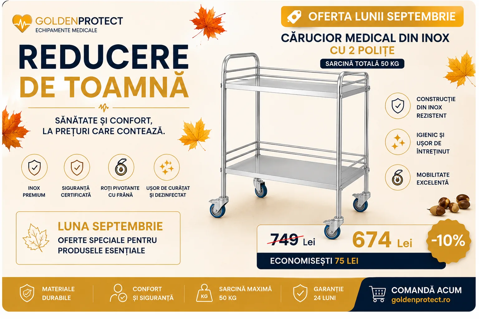 Ofertă septembrie: cărucior medical din inox cu 2 polițe, 674 lei