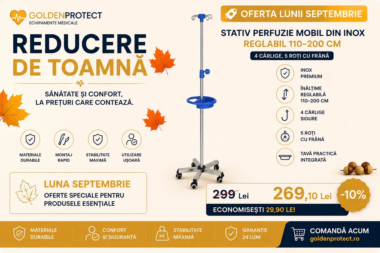 Ofertă septembrie: stativ perfuzie mobil din inox, reglabil 110–200 cm, 269,10 lei