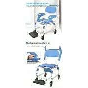 Scaun dus cu rotile  si cu vas pentru toaleta incorporat, sarcina maxima 150 kg, cotiere detașabile