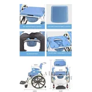 Scaun dus cu rotile  si cu vas pentru toaleta incorporat, sarcina maxima 150 kg, cotiere detașabile