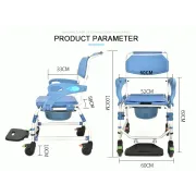 Scaun dus cu rotile  si cu vas pentru toaleta incorporat, sarcina maxima 150 kg, cotiere detașabile
