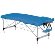 Masă de masaj pliabilă din aluminiu – 2 secțiuni, albastra, reglabilă pe înălțime