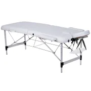 Masă de masaj pliabilă din aluminiu – 2 secțiuni, alba, reglabilă pe înălțime