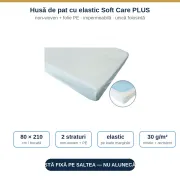Husă de protecție pentru pat/targă Soft Care Plus, 80 × 210 cm, 2 straturi (PP nețesut + PE), 30 GSM, albă, cu elastic