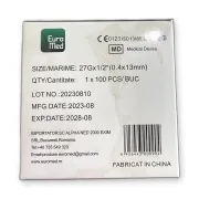 Ace hipodermice sterile de unică folosință 27G (0,4 × 13 mm) – EuroMed, 100 bucăți