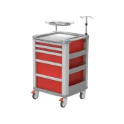 Cărucior de urgență compact roșu, 5 sertare, cadru aluminiu 634 × 605 × 975 mm (1 buc)