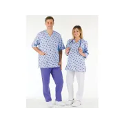 Bluză medicală unisex din bumbac 100%, guler în V, albastru deschis cu model, mărimea M (1 buc)
