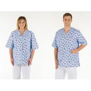 Bluză medicală unisex din bumbac 100%, guler în V, albastru deschis cu model, mărimea XL