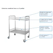 Carucior medical din inox cu 2 polițe, sarcina totală 50 kg