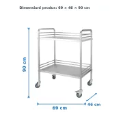 Carucior medical din inox cu 2 polițe, sarcina totală 50 kg