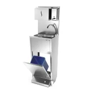 Chiuvetă pentru spălat mâini - cu pedală - oțel inoxidabil - dozator săpun manual, dozator prosoape hârtie, coș de gunoi, montare pe podea, robinet dreapta, alimentare apă fixă
