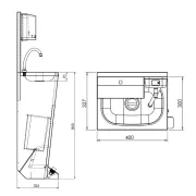 Chiuvetă pentru spălat mâini - cu pedală - oțel inoxidabil - dozator săpun manual, dozator prosoape hârtie, coș de gunoi, montare pe podea, robinet dreapta, alimentare apă fixă