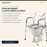 Cadru de toaletă din aluminiu cu șezut înălțat, spătar și cotiere, reglabil pe înălțime