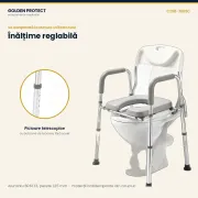 Cadru de toaletă din aluminiu cu șezut înălțat, spătar și cotiere, reglabil pe înălțime