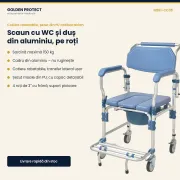 Scaun cu WC și duș din aluminiu, pe roți, cu cotiere rabatabile și suport picioare, sarcină 150 kg