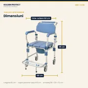 Scaun cu WC și duș din aluminiu, pe roți, cu cotiere rabatabile și suport picioare, sarcină 150 kg