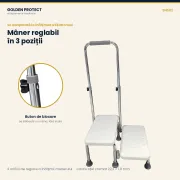 Taburet medical cu 2 trepte și mâner de sprijin reglabil pe înălțime, antiderapant, sarcină 150 kg