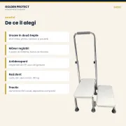 Taburet medical cu 2 trepte și mâner de sprijin reglabil pe înălțime, antiderapant, sarcină 150 kg