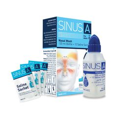 Set irigator nazal pentru adulti, 120 ml si 12 pliculete cu solutie salina pentru curatarea sinusurilor si decongestia nazala, Sinus A