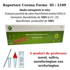 Kit 40 de teste rapide Covid-19 Greenspring - depisteaza tulpina ERIS, 4 moduri de prelevare ( nazal, saliva, nazofaringian si orofaringian), raportare Corona Forms id 2109, exp la 09/2024