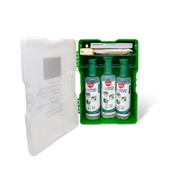 Trusa de prim ajutor ocular echipată cu 3 soluții saline sterile si dispozitive medicale necesare intervenției de urgenta