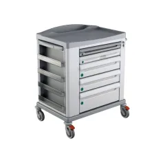 Cărucior medical BASIC KS standard cu sertar autoînchidere și coș lateral 15 l