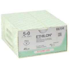 Fir de sutură monofilament neabsorbabil Ethicon Ethilon 5/0, ac FS-2 de 19 mm, negru, 45 cm (cutie 36 buc)