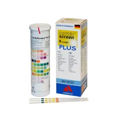 Benzi test urinare CombiScreen 9+Leuko Plus – 10 parametri cu protecție acid ascorbic (cutie 100 buc)