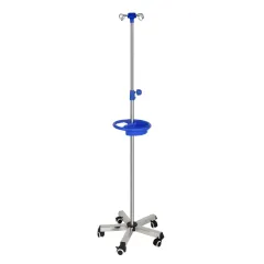 Stativ perfuzie mobil din inox, reglabil 110–200 cm, 4 cârlige, 5 roți cu frână