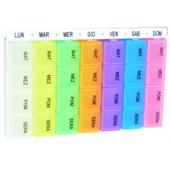 Set 4 organizatoare săptămânale de medicamente Easy Planner, 7 cutii detașabile cu 4 compartimente, inscripții în italiană