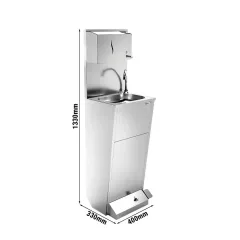 Chiuvetă pentru spălat mâini - cu pedală - oțel inoxidabil - dozator săpun manual, dozator prosoape hârtie, coș de gunoi, montare pe podea, robinet dreapta, alimentare apă fixă