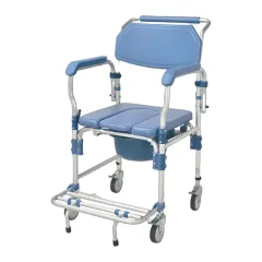 Scaun cu WC și duș din aluminiu, pe roți, cu cotiere rabatabile și suport picioare, sarcină 150 kg