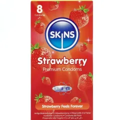 Prezervative Skins Strawberry Premium – aromă de căpșuni, 8 bucăți