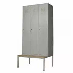 Vestiar metalic, 3 compartimente, cu bancuta, bară umerașe, 889x700x2200mm, gri, B4U