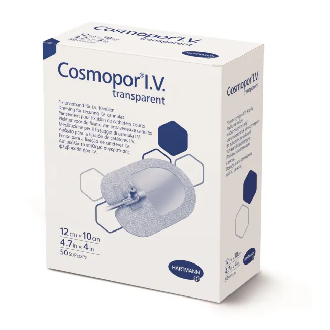 Cosmopor® I.V. 12x10cm – Plasture steril autoadeziv pentru fixarea canulelor și protecția zonei de inserție , 50 bucati Hartmann