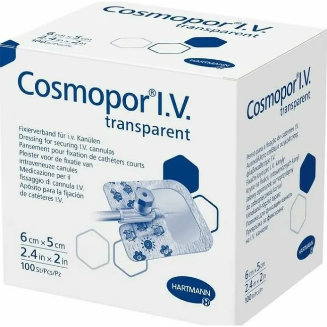 Cosmopor® I.V. 6 x 5 cm – Plasture steril autoadeziv pentru fixarea canulelor și protecția zonei de inserție, 100 bucati Hartmann
