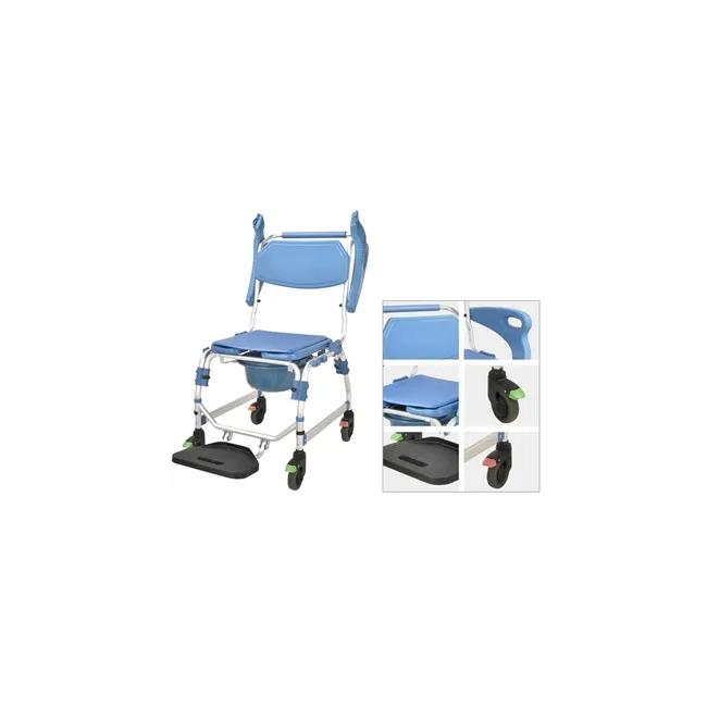 Scaun dus cu rotile  si cu vas pentru toaleta incorporat, sarcina maxima 150 kg, cotiere detașabile