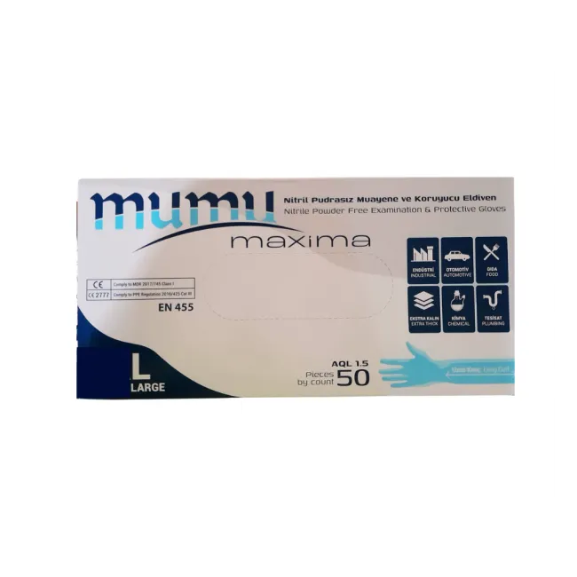 Manusi Nitril Albastre cu Mansete Lungi 6 gr, Mumu, 50 buc/cutie, lungime manșetă 26 cm - mărimea XL