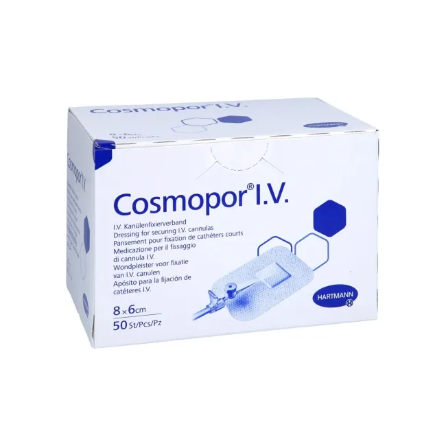 Cosmopor® I.V. 6 x 8 cm – Plasture steril autoadeziv pentru fixarea canulelor și protecția zonei de inserție, 50 bucati Hartmann