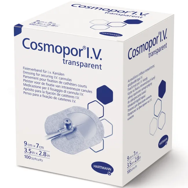 Cosmopor® I.V. 9x7 cm– Plasture steril autoadeziv pentru fixarea canulelor și protecția zonei de inserție, 100 bucati Hartmann