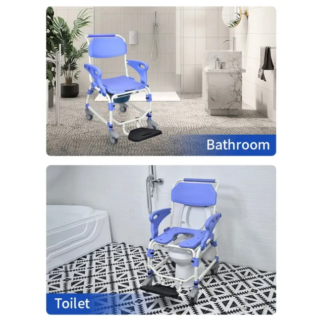 Scaun dus cu rotile  si cu vas pentru toaleta incorporat, sarcina maxima 150 kg, cotiere detașabile