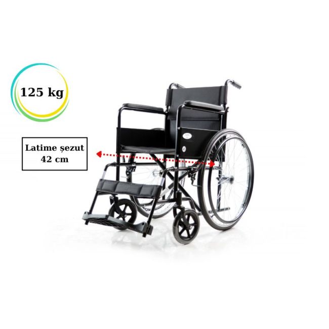 Scaun cu rotile pliabil, cotiere detasabile, dimensiune sezut 39 cm, sarcina maxima 125 kg