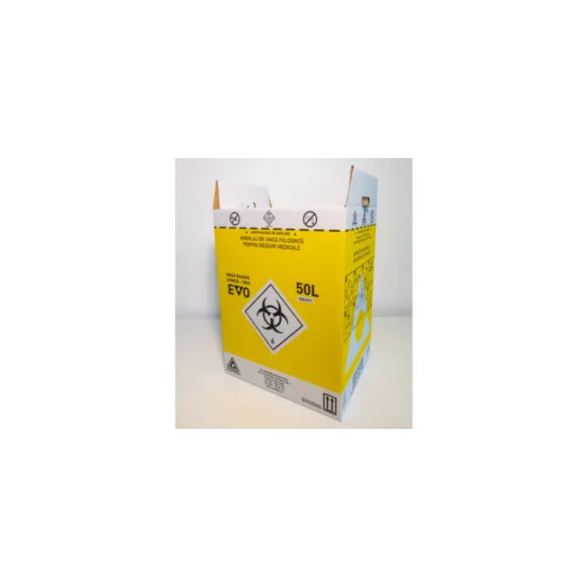 Cutie deseuri medicale, biologice, galbena, din carton cu sac si colier 50 L, avizata ADR