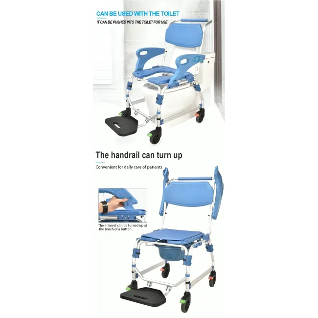 Scaun dus cu rotile  si cu vas pentru toaleta incorporat, sarcina maxima 150 kg, cotiere detașabile