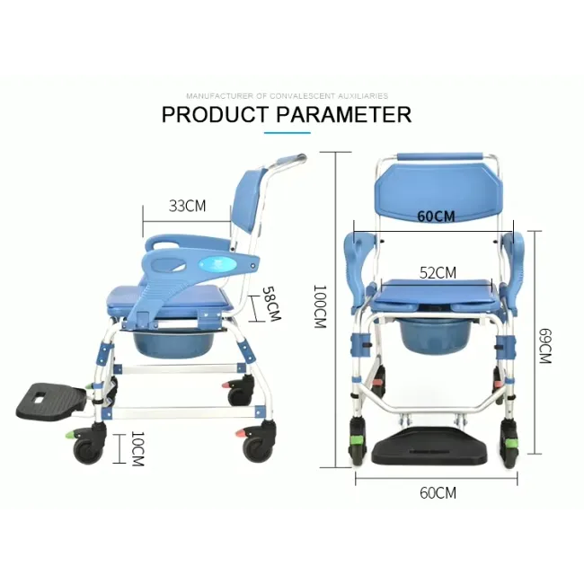 Scaun dus cu rotile  si cu vas pentru toaleta incorporat, sarcina maxima 150 kg, cotiere detașabile