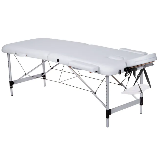 Masă de masaj pliabilă din aluminiu – 2 secțiuni, alba, reglabilă pe înălțime