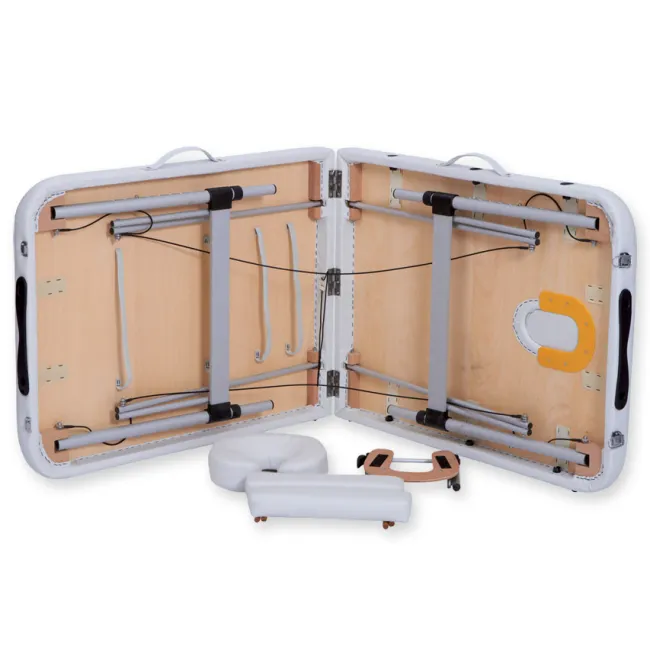Masă de masaj pliabilă din aluminiu – 2 secțiuni, alba, reglabilă pe înălțime