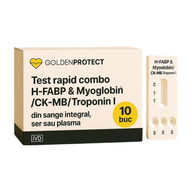 Test rapid combo 4 in 1  H-FABP și Myoglobină/CK-MB/Troponină Cardiacă I Combo în sângele întreg, ser sau plasmă, ca ajutor în diagnosticarea infarctului miocardic (IM).