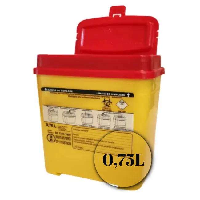 Cutie deșeuri înțepătoare-tăietoare, din polipropilenă, avizată ADR, 0,75 L