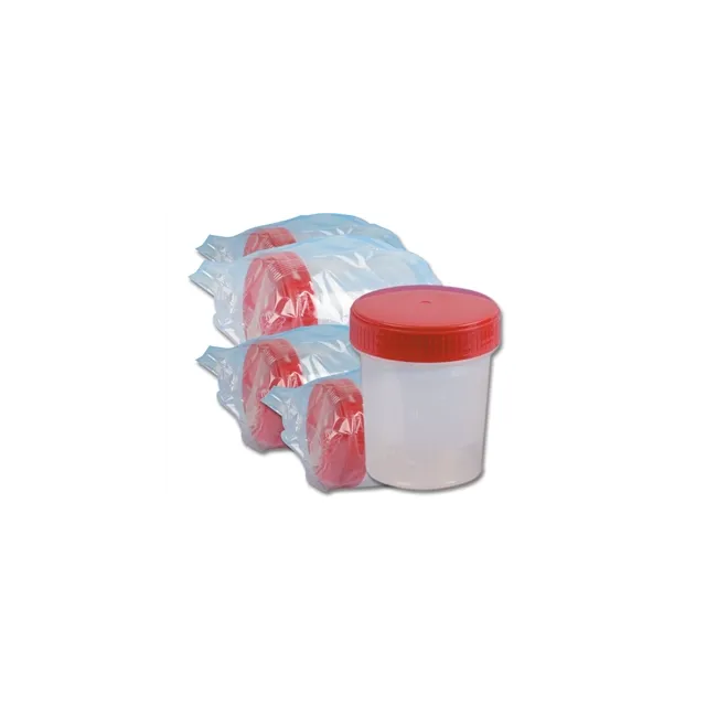 Recipient Urină 120 ml Cleanroom ISO 8 – Ambalare Individuală, Capac Filetat Roșu, Cutie 250 Bucăți